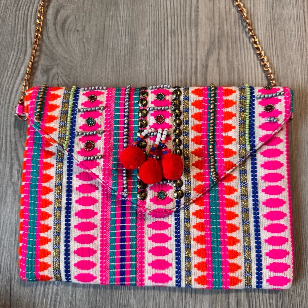 KATYDID COLORFUL AZTEC SEQUIN BEADED POM POMS CONVERTIBLE CROSSBODY Harley Quinn